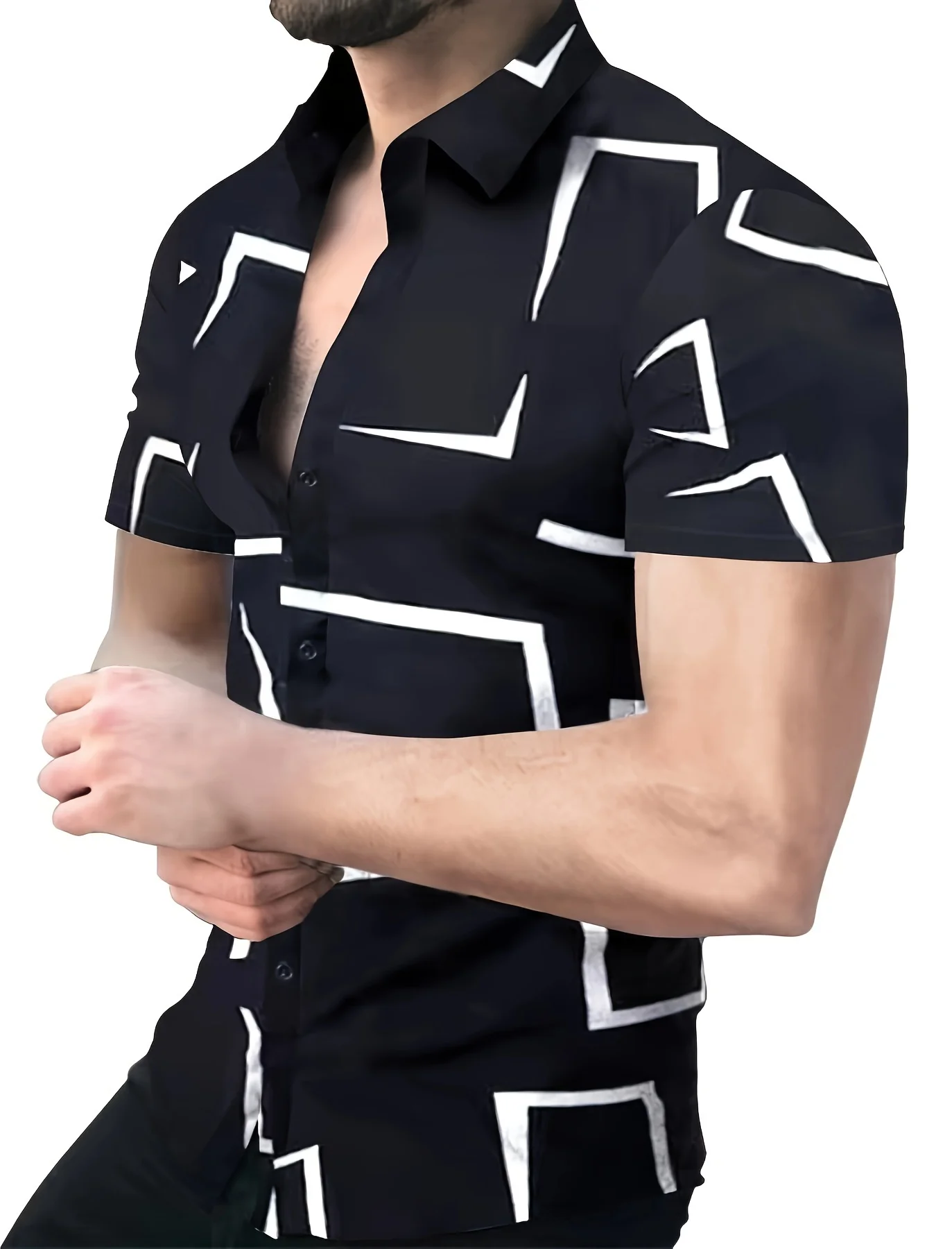 Camisa de manga corta con solapa y botones para hombre, camisa con patrón geométrico totalmente combinable, adecuada para verano al aire libre