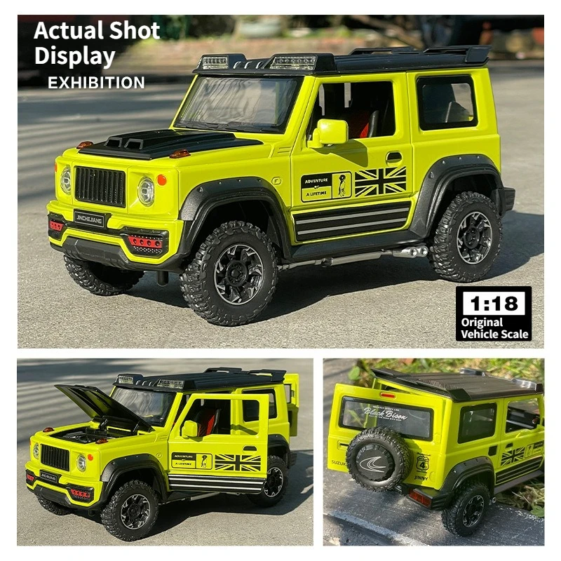 Modèle de voiture tout-terrain en alliage Suzuki Jimny 1:18 |   Grand ornement avec portes ouvrantes, fonction pull-back, effets sonores et lumineux