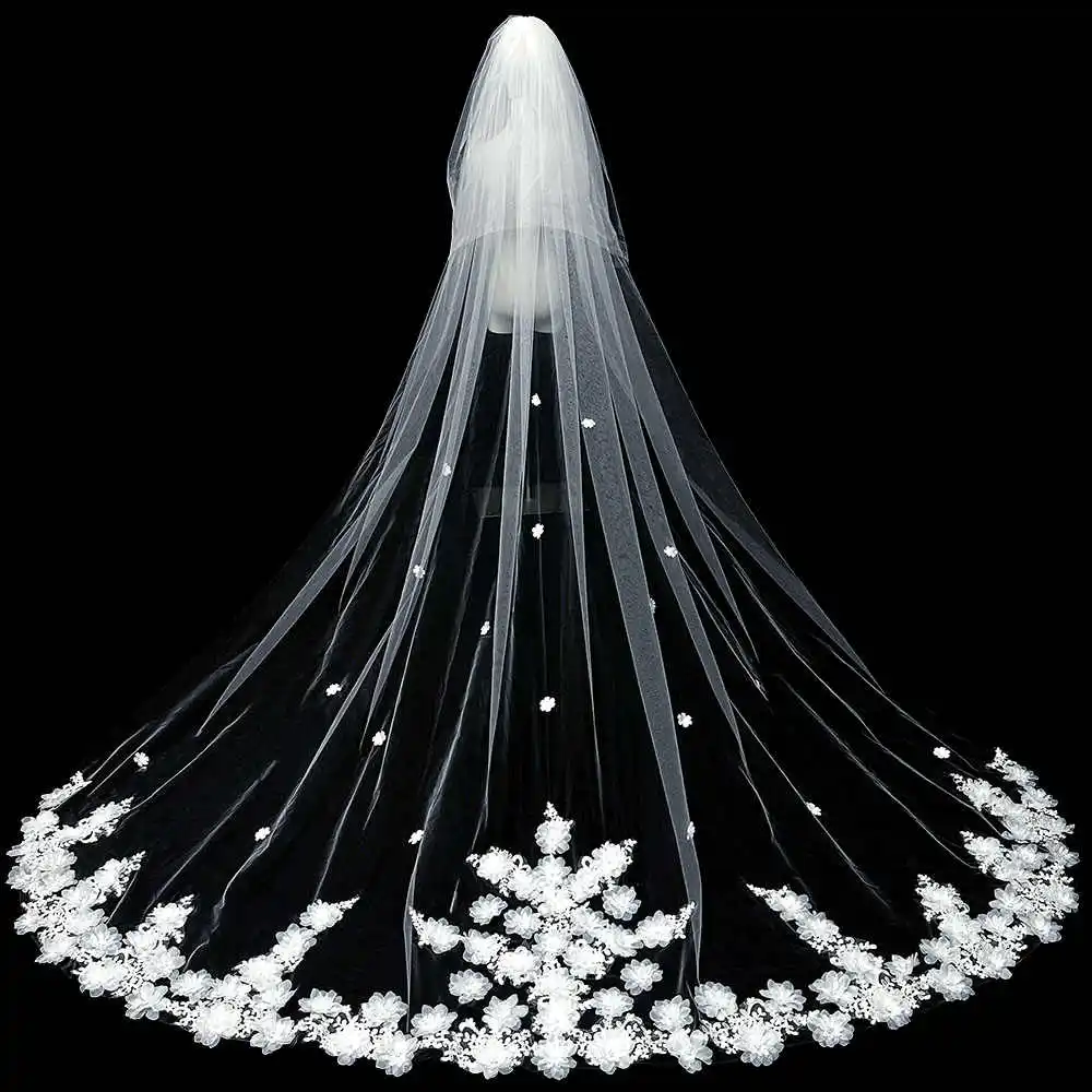 

3D Flowers Wedding Veil Bridal Veils 2T Elegant Lace Appliques Bride Veil With Comb Customized
