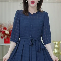 Fashion Ruffled Neck Spliced Folds Plaid Bandage Casual Dress Women's Clothing 2024 Summer New Loose Commuter Midi Dresses