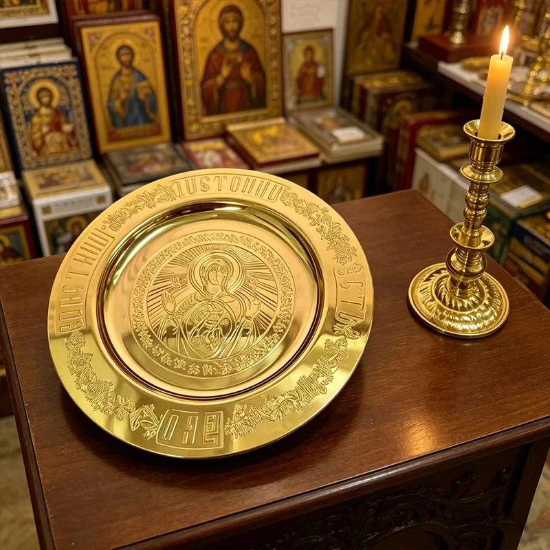 Neues Orthodoxes Christliches Messing-Kommunion-Set mit Kerzenhalter, Vergoldet, Gravierte Marienikone, Religiöses Ritualtablett für Kirchenandacht – Detail 2