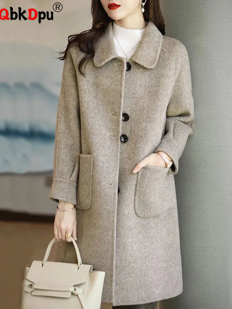 

Women Elegant Loose Long Jackets Tops Korean Single Breasted Wool Blend Coats Fall Winter Long Sleeve Lapel Unlined Abrigos New