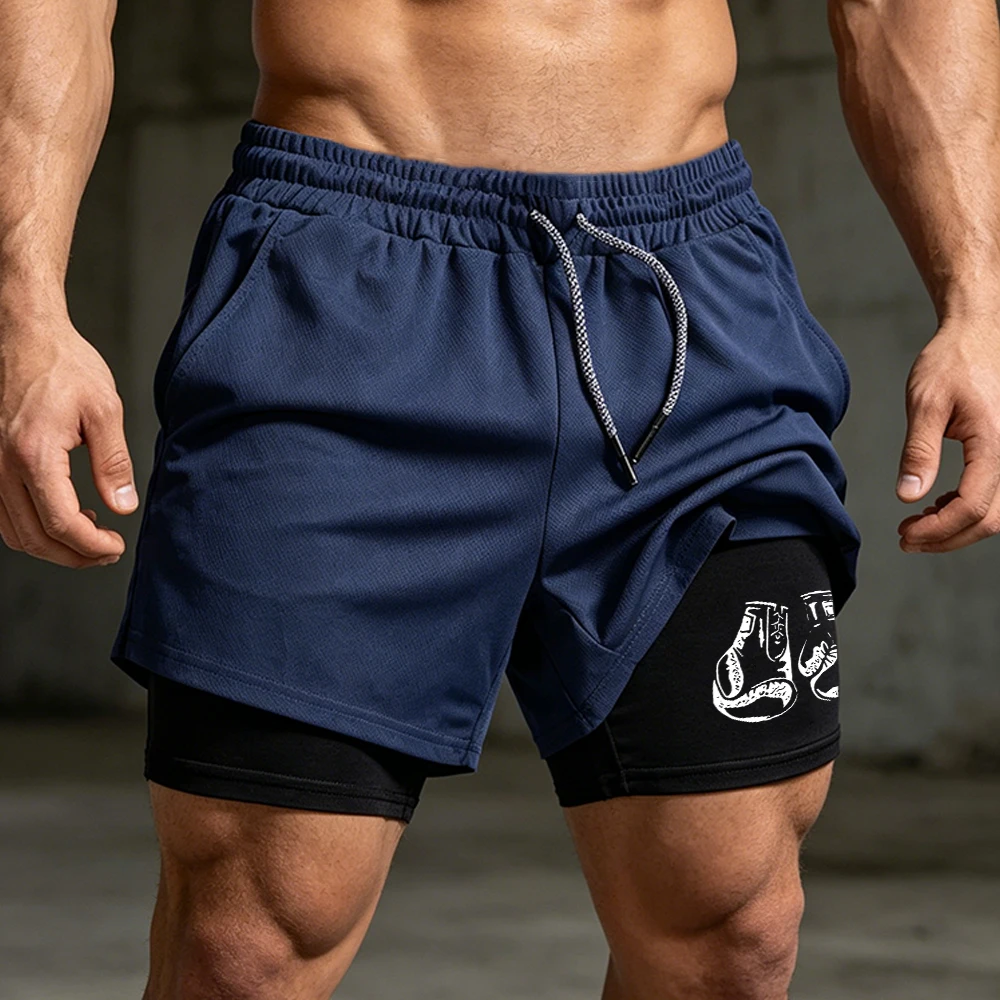 

Streetwear Men's Double Layer Shorts Casual Running Quick Dry Athletic Shorts Boxing Gloves Print with Compression Liner