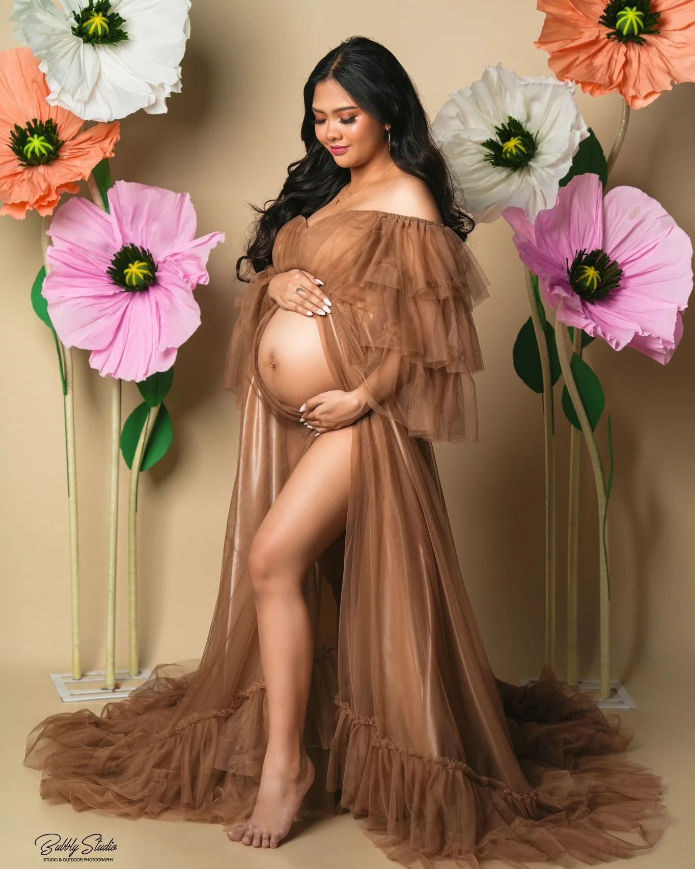 

Brown Woman Pregnant Prom Dress Sexy Off Shoulder Full Sleeve Maternity Bridal Morning Robes Evening Gown Sleepwear Customized