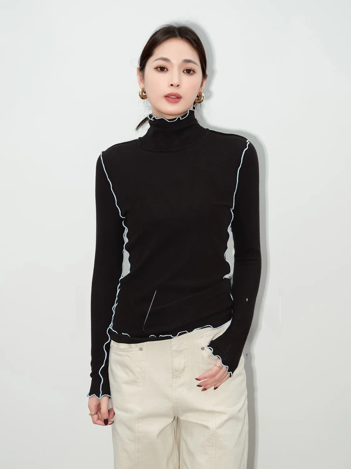 

Color Blo Stitch Design Slim Fit Knitted Base irt Women's New 2024 High Collar Asymmetrical Top Commute Sle Pure Color