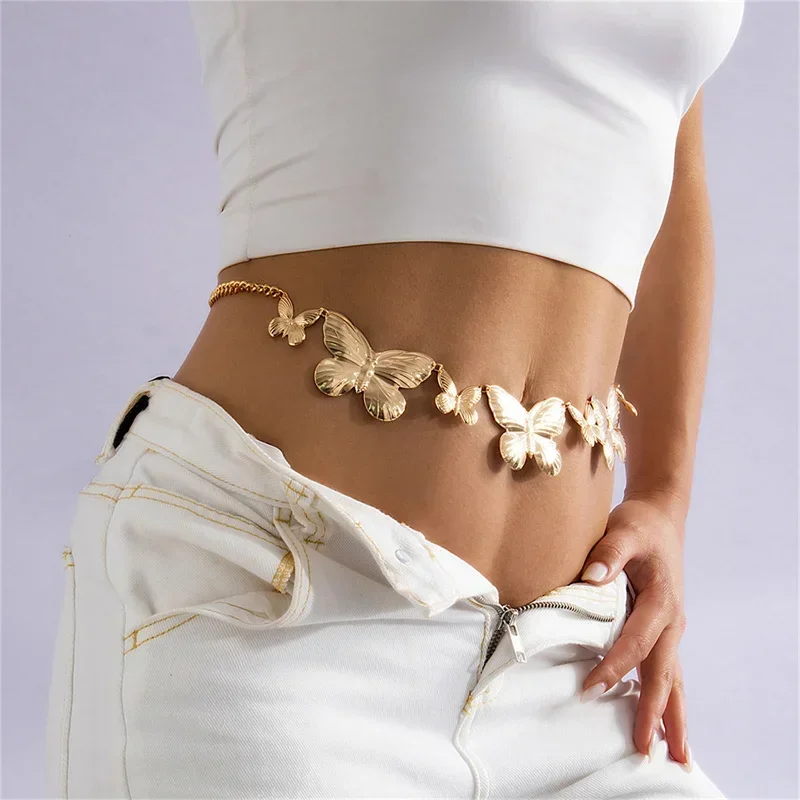 สายโซ่คาดเอวรูปผีเสื้อขนาดใหญ่สำหรับผู้หญิงสายโซ่เรียบง่ายของเด็กผู้หญิงท้องโลหะแนวพังค์เครื่องประดับชายหาด