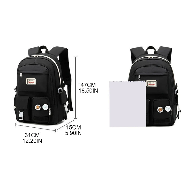 Multi-Pocket Nylon School Backpack for Student Girls Boys Youth Bookbag