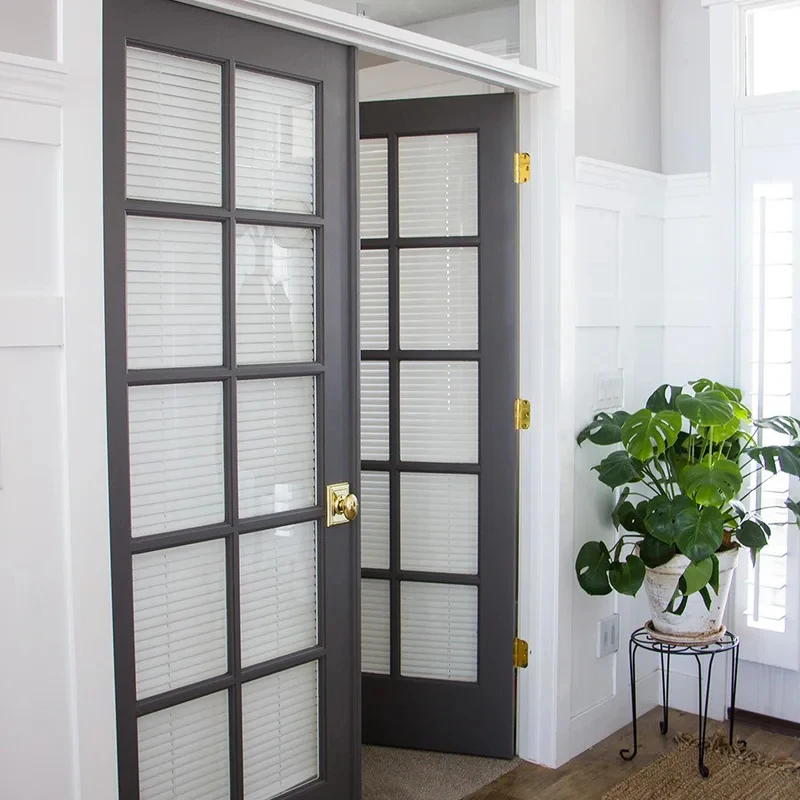Gray Black Double Leaf Glass Aluminium Casement Doors For House Villa Garden Supermarket Apartment Bedroom Durable Wooden Main