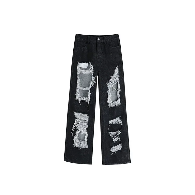 

American Retro Gothic Black Ripped Jeans Women Vintage High Waist Streetwear Y2k Pants Harajuku Casual Wide Leg Denim Trousers