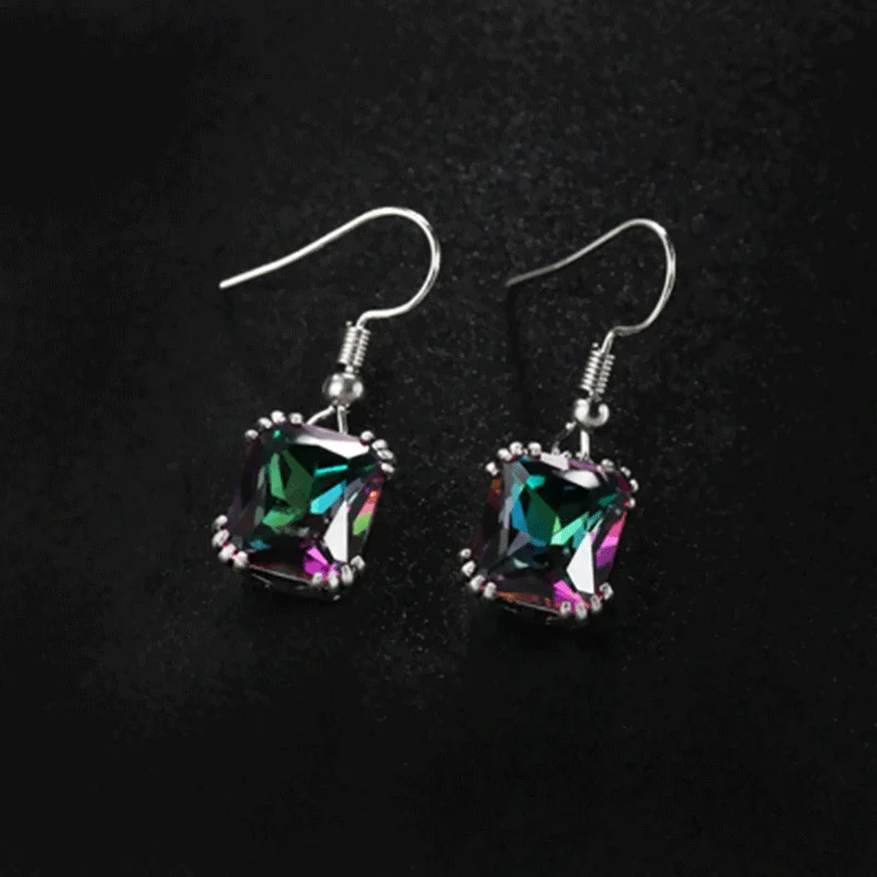 Vintage Silver Color Big Square Zircon Crystal Stones Pendant Necklace Earrings Bridal Jewelry Set for Women Party Accessory