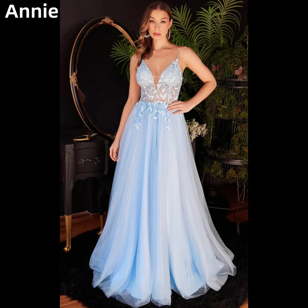 

Annie Sky Blue Prom Dresses Lace Embroidery Evening Dresses Spaghetti Strap Glitter Tulle Wedding Party Dress Robes De Soirée