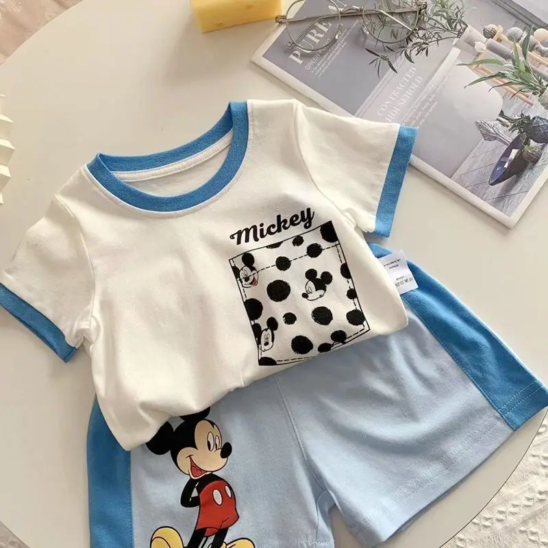 ديزني الأطفال مجموعة اللون حظر قصيرة الأكمام أعلى فضفاض الكرتون ميكي السراويل لينة القطن قطعتين مجموعة ملابس الفتيان الفتيات #2