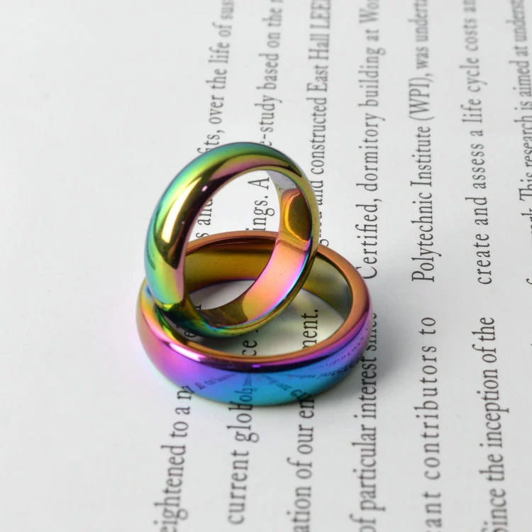 Wholesale 50pcs Rainbow Color Plated 6mm Width Hematite Band Rings US Size #6~#12 For Man Women Fashion Party Boys Jewelry