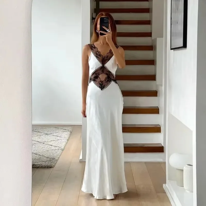 V Neck Patchwork Fashion Print High Waist Party Dress Female Long Dress Elegant Lace Backless Hollow Maxi Dress For Women