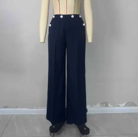 الخريف بلون عالية الخصر زر الديكور الجانب سستة مستقيم الساق دعوى السراويل للنساء موضة السراويل الساق المستقيمة #5