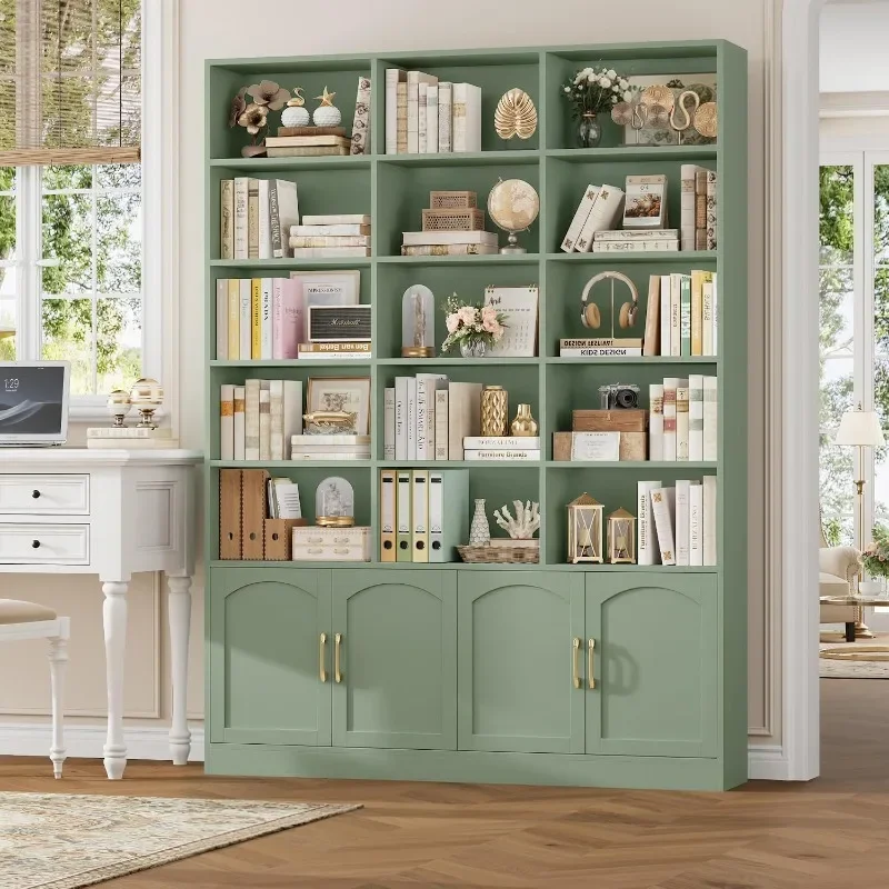 FACBOTALL Triple Wide Bookshelf, Tall Bookcase with Cube Open Bookshelf & Doors, Large Bookshelf with Storage Cabinet, Modern