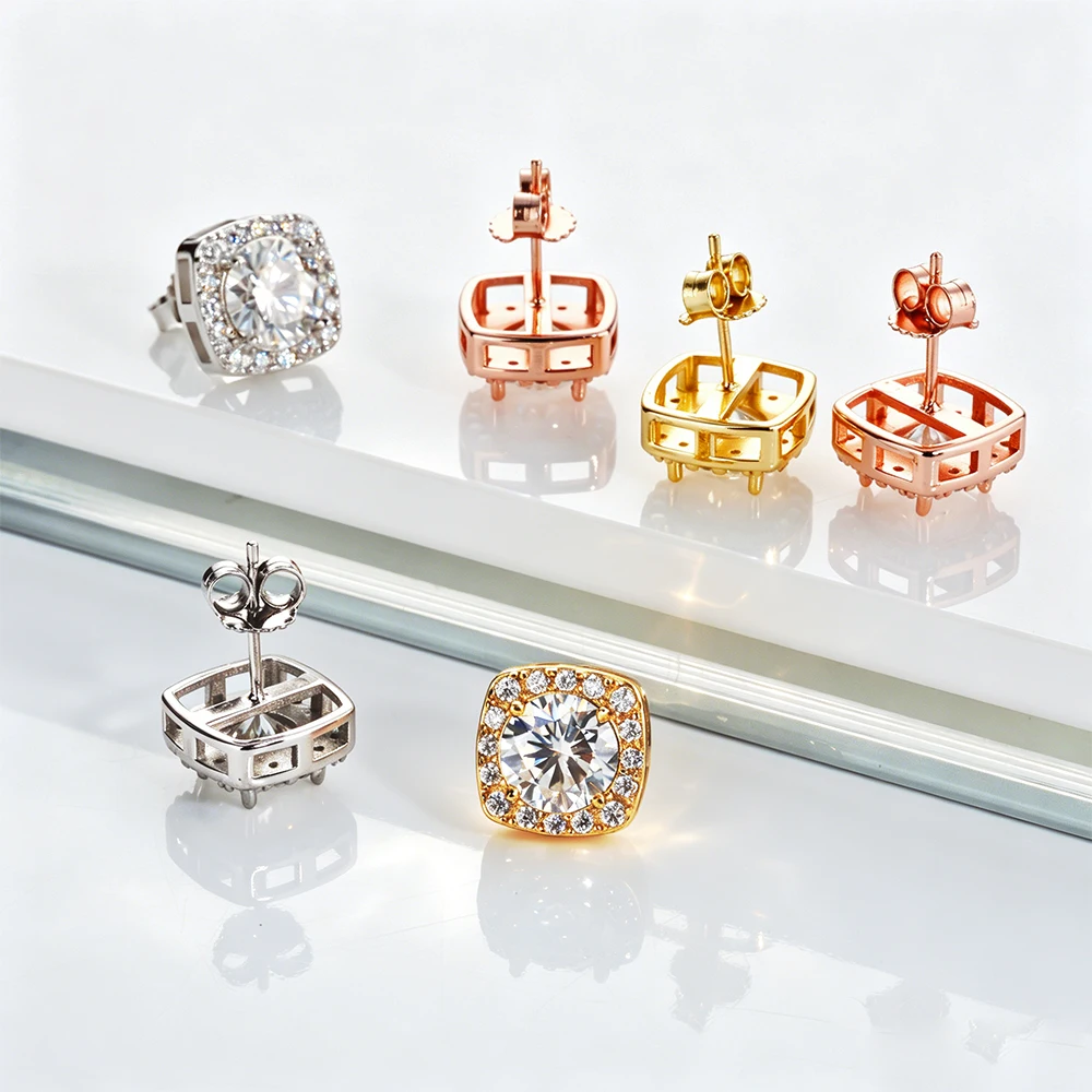 VVS1 Round Moissanite Stud Earrings For Men Women Square Halo Dazzling Ear Studs 925 Sterling Silver Hip Hop Fine Jewelry Gift - view 6