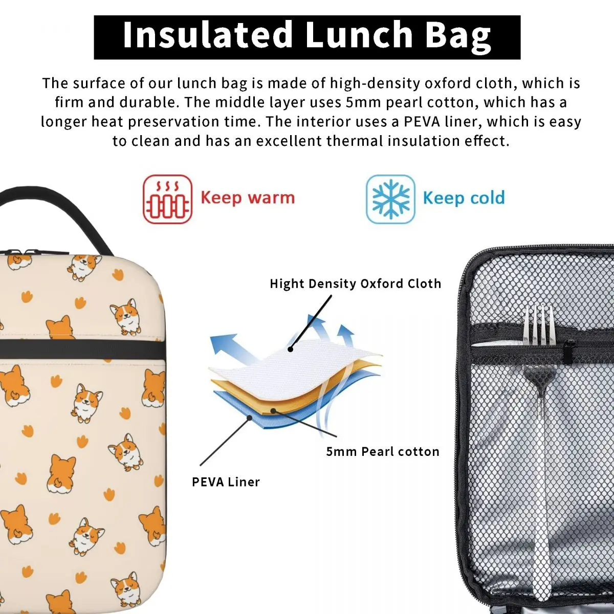 Cute Corgis And Footprint Pattern Insulated Lunch Bag for Women Children Portable Food Boxes Thermal Lunch Box Tote