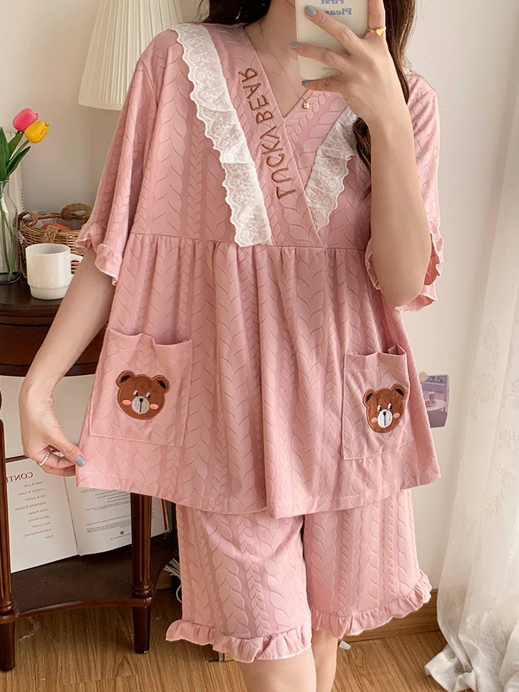 

Summer ort Sve Spwear Set Women's Pure Cotton Sweet Princ Sle plus Size Extra Large 200 Pou Home Clothes Set