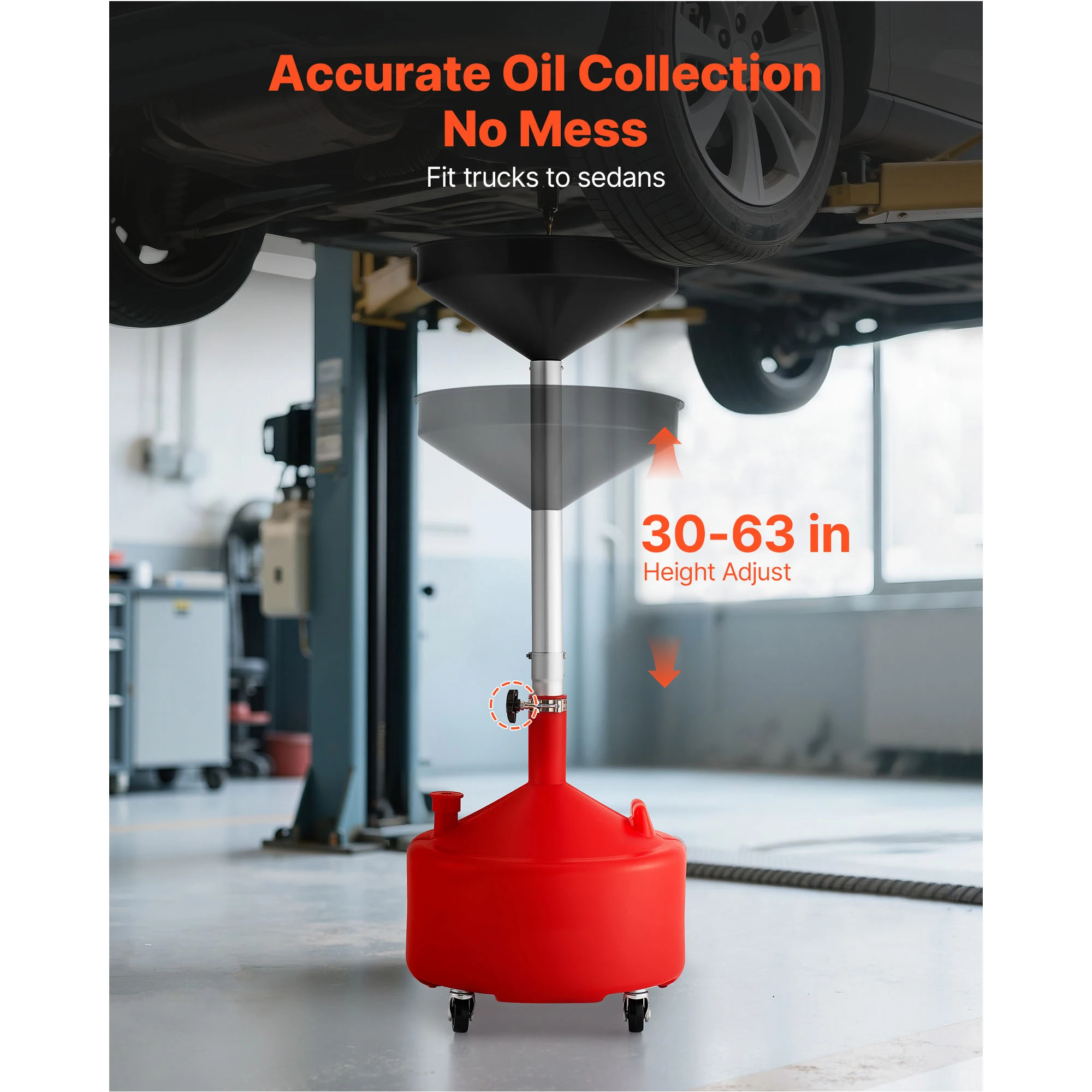 8 Gal Waste Fluid Drain Tank with Height Adjustable Funnel Oil Drainer Fuel Transfer Drainage for Auto Repair Shops