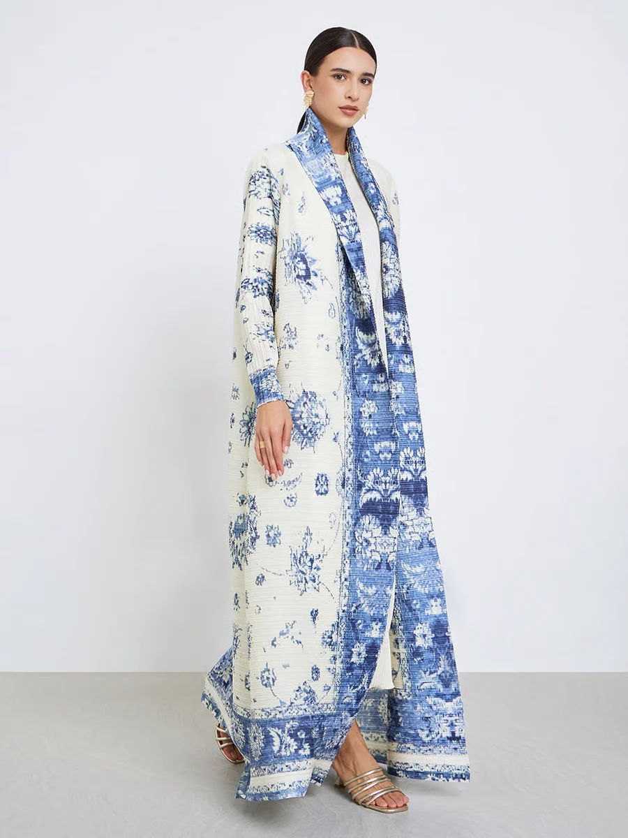White Blue Floral Pleated Abaya Belted Waist Soft Fabric Elegant Robe 2025 Trendy Casual Daily Wear Chic Ensemble