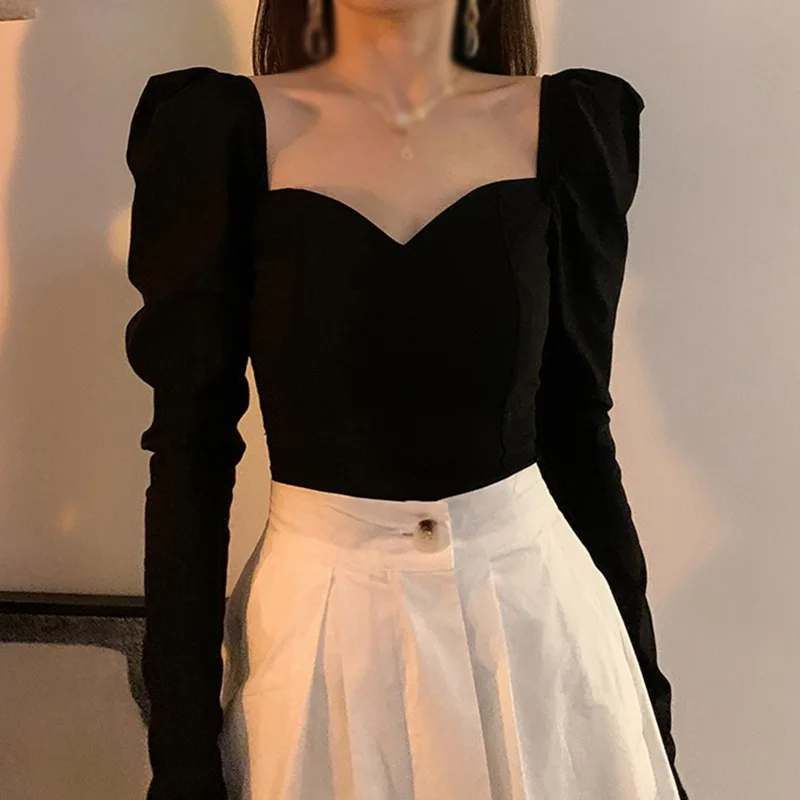Tops for Women Spring Autumn Long Sleeves Puff Sleeves Square Neck Casual T Shirt Solid Color