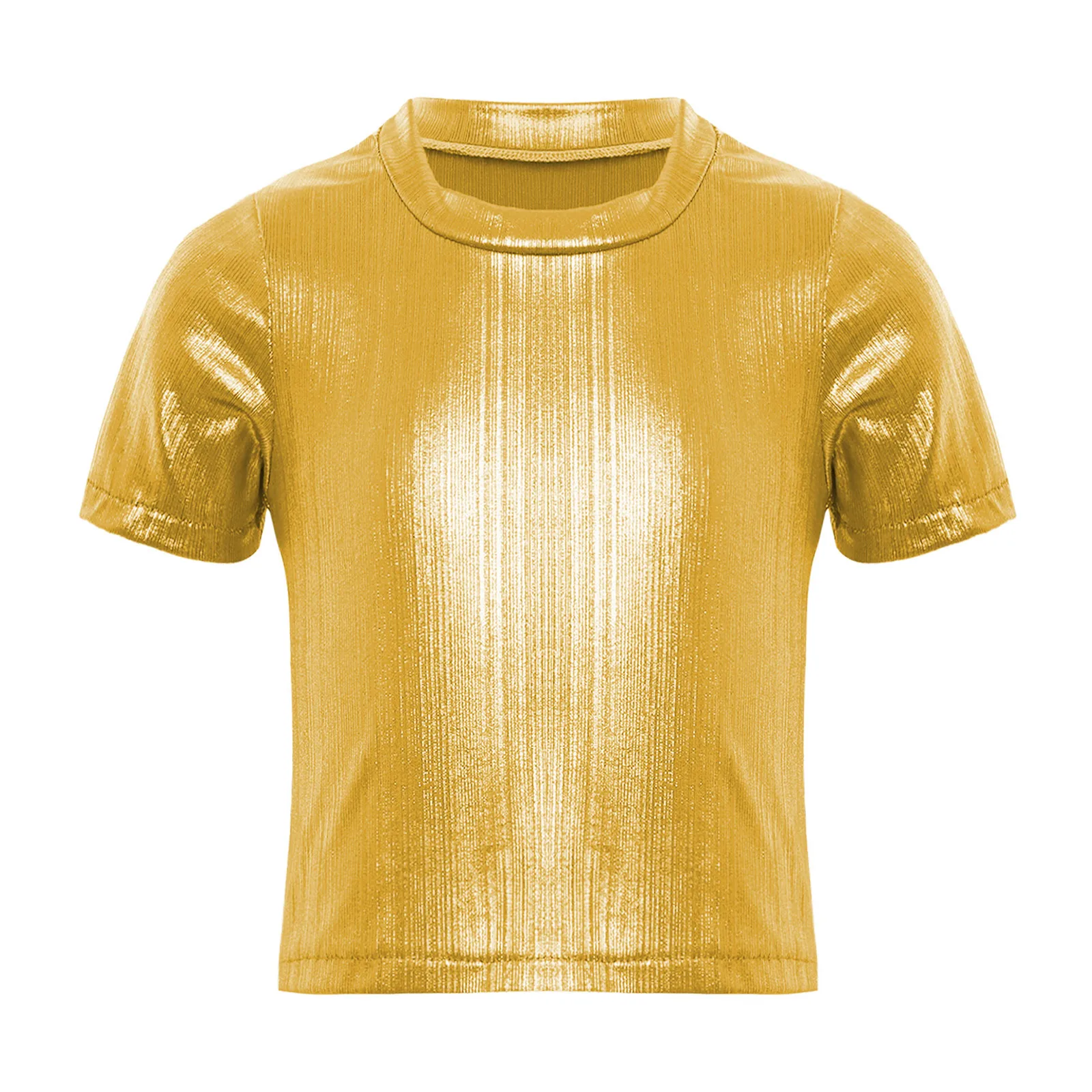 Cool Kids Girls Metallic Crop Top Disco Jazz Performance Costumes Short Sleeve Shimmery T-shirt for Hip-Hop Jazz Dance Wear