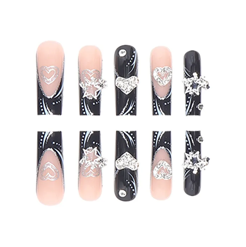 24PCS Black French Wearable Nails Sweet and Cool Nail Art Patches Glitter Love Stars Dark Style Durable Removable Nail Patches