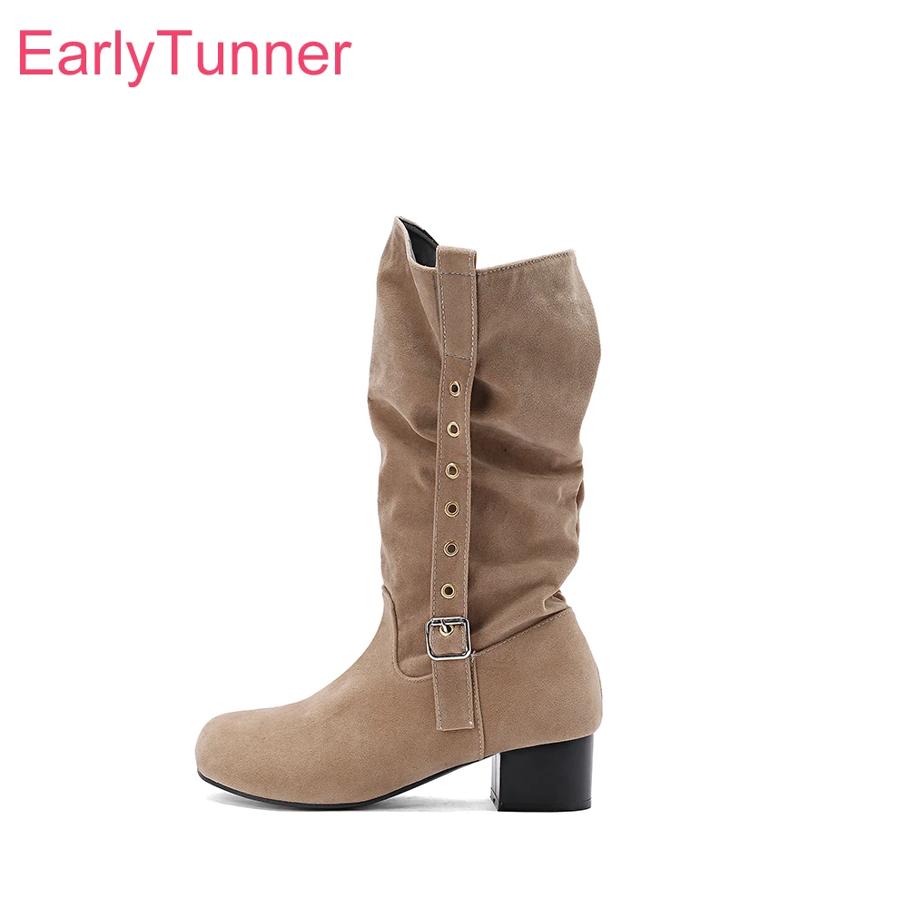 

2025 Новые зимние милые бежевые коричневые женские ботинки до середины икры с напуском, женские туфли на среднем массивном каблуке, большие размеры 10, 30, 43 47 50