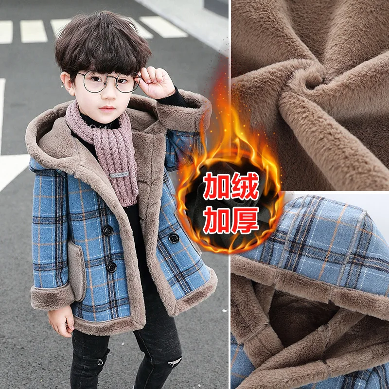 Korean Boy Winter Coat England Grid Hooded Children's Outerwear Kids Wool Coats 10 Years Old Jacket For Boy Thick Kids Cardigan