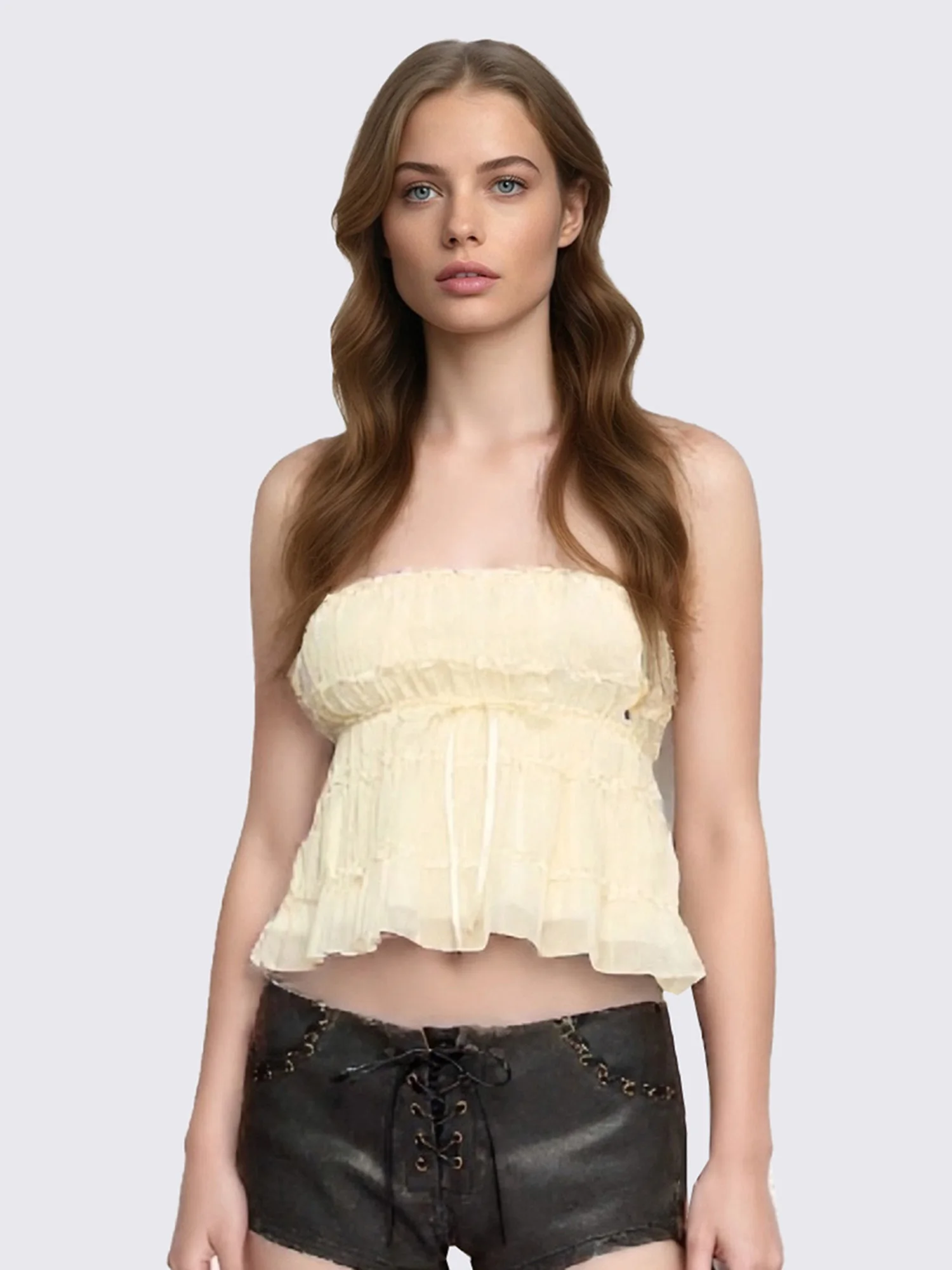 Elegantes einfarbiges Röhrenoberteil für Damen mit schulterfreiem Design, ärmelloses, gestuftes Rüschendetail, perfekt für den Sommer-Street-Style