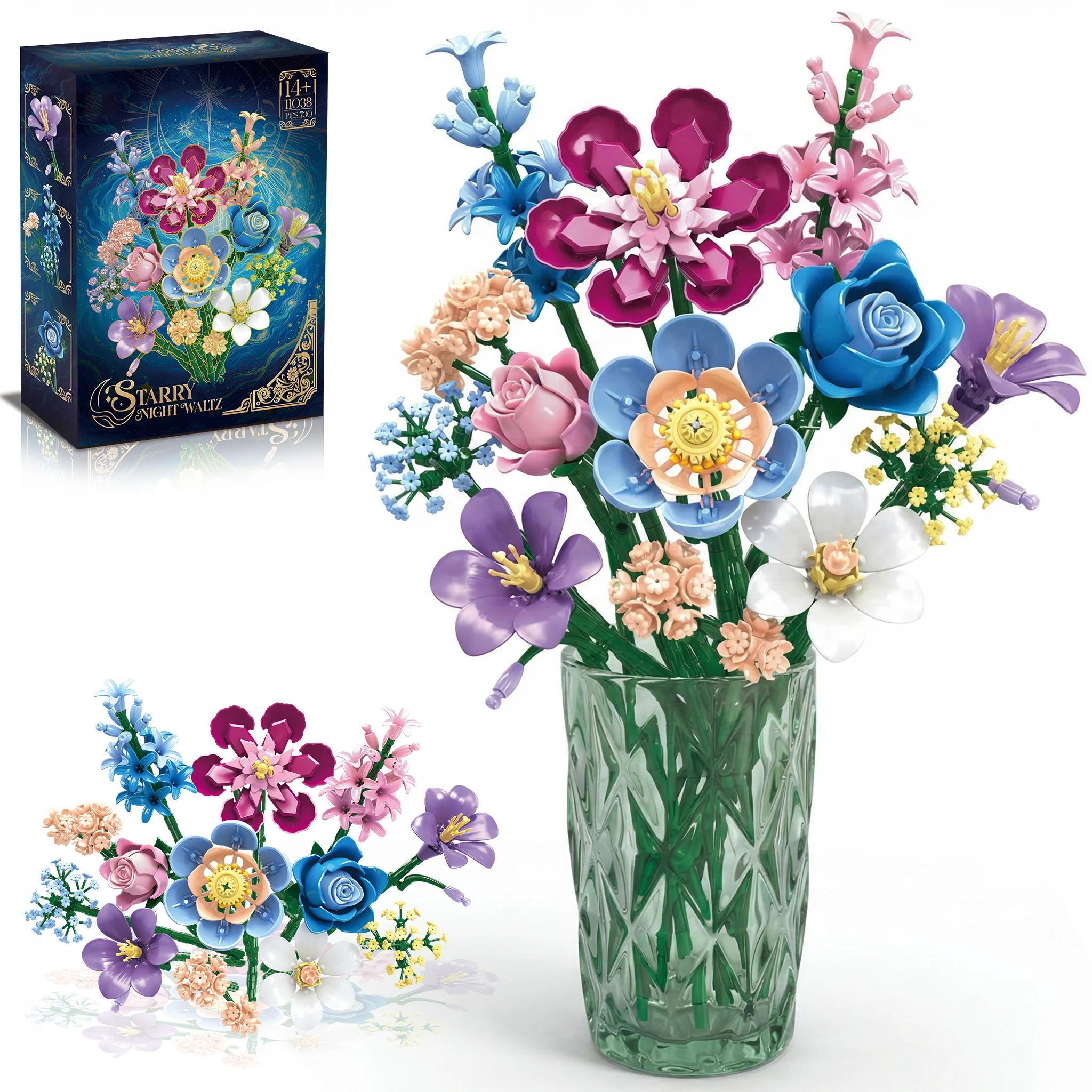 730-teiliger Hyazinthen-Gypsophila-Rosenstrauß Baukasten Konservierte Blumenmodell-Bausteine Heimdekoration Ornament Romantisches Geschenk Spielzeug
