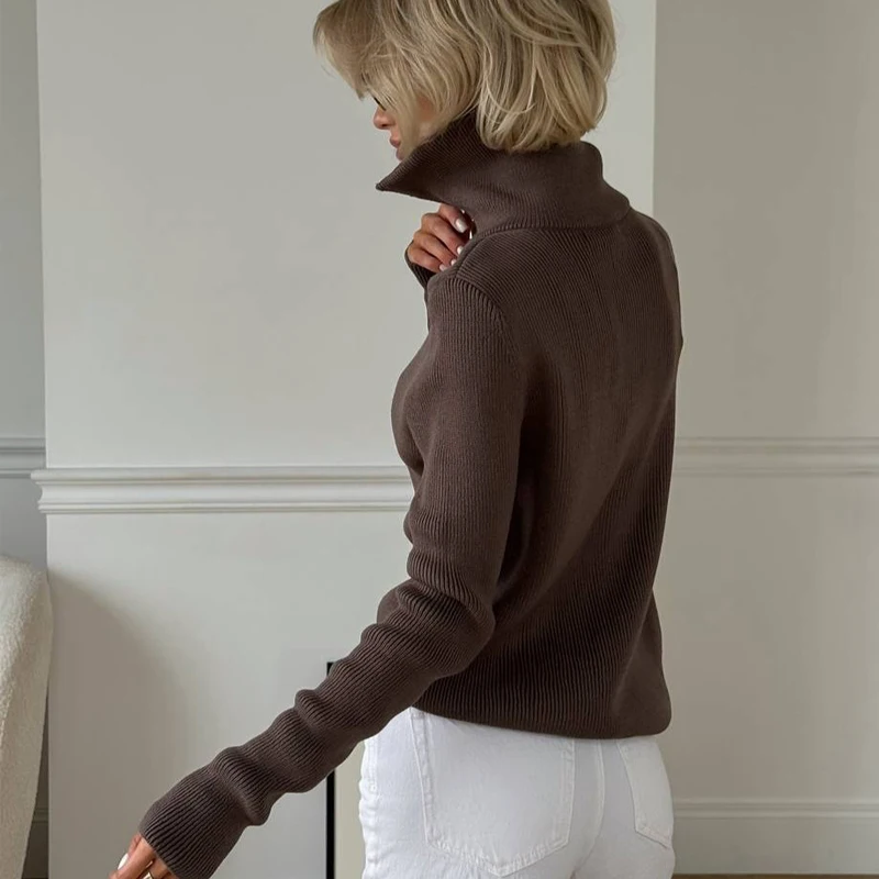女性ハーフジッパートップニットハイカラーセーター厚く暖かい長袖ジャンパーカジュアルシンプルな無地オーバーサイズプルオーバー