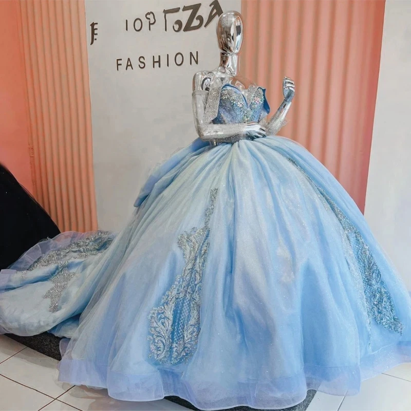 

Sky Blue Shiny Ball Gown Quinceanera Dresses Off Shuolder Appliques Lace Beading Tull Luxury Sweet 16 Dress Vestidos 15 De Xv