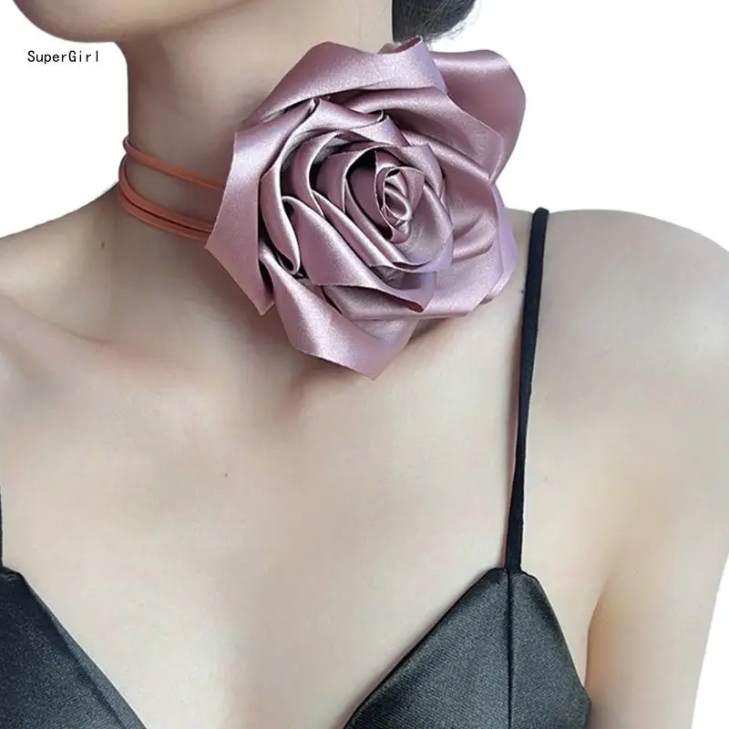 Big Rose Flower Choker Necklace Long Strap Collar Choker Body Chain Temperament Neckband Jewelry Clavicle Chain Necklace