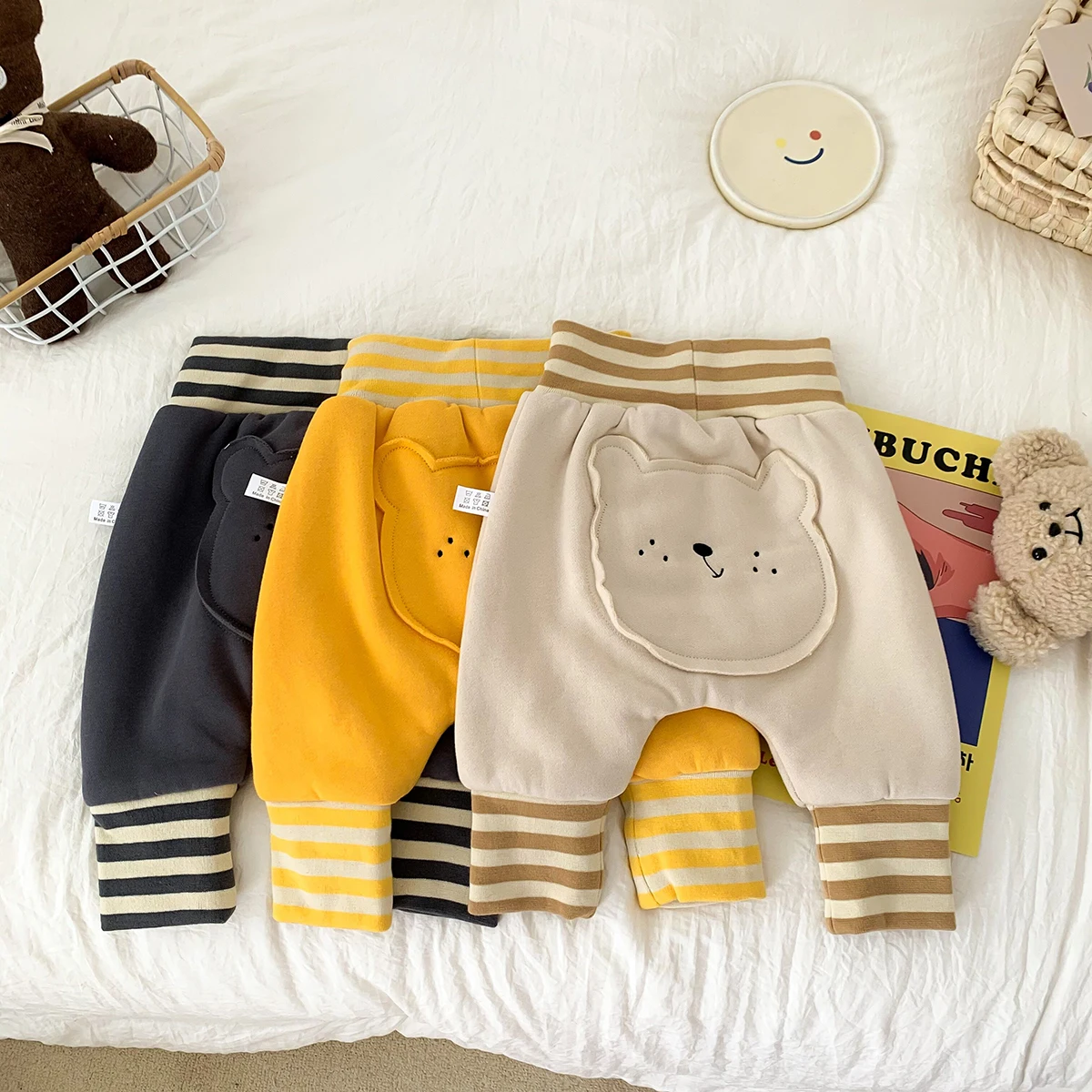 Newborn Baby  Boys Girls Winter Clothes Pants Keep Warm Cartoon Bear Print Back Cute Double  Leggings