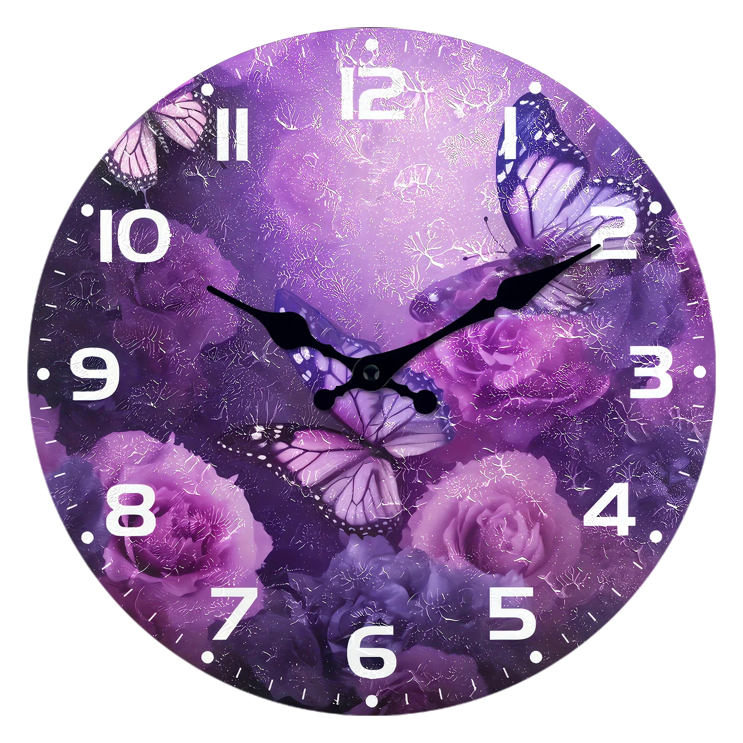 Personalized Purple Flower and Butterfly Pattern Wooden Wall Clock for Living Room, Bedroom, Kitchen, Home Decoration, Silent Quartz Clock, Holiday Gift, 10 Inches, 12 Inches 14inch 16inch (No Battery)