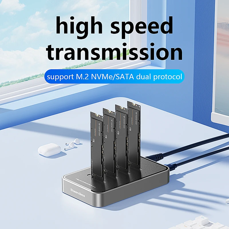 محطة إرساء Blueendless 4 Bay M.2 NVMe/SATA SSD من النوع C USB3.1 10Gbps m2 NVME PCie SATA ngff حافظة ألومنيوم SSD مزدوجة البروتوكول