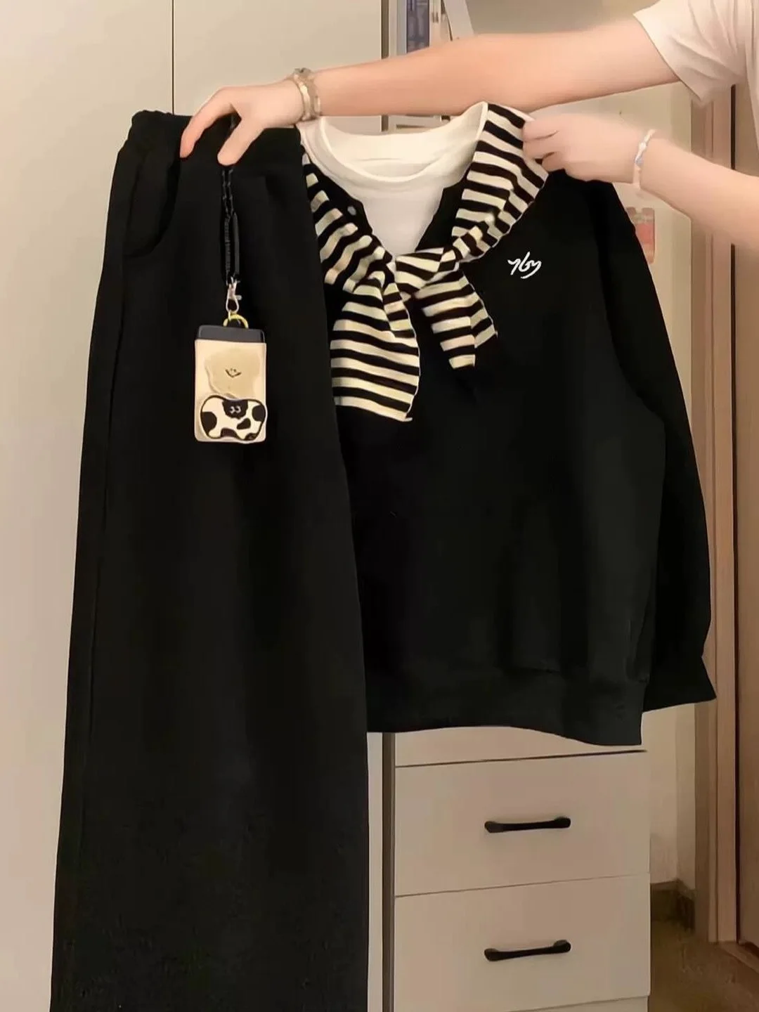 

Korean College Sle Long Sve Sweatirt Women Spring Autumn Wide Casual Wide Leg Pants Two Piece Set Patchwork Design