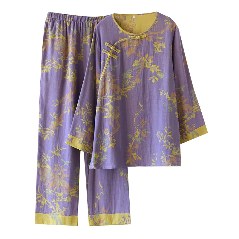 New Chinese-style pure cotton pajamas double-layer gauze yarn-dyed long-sleeved loungewear two-piece set national style loose
