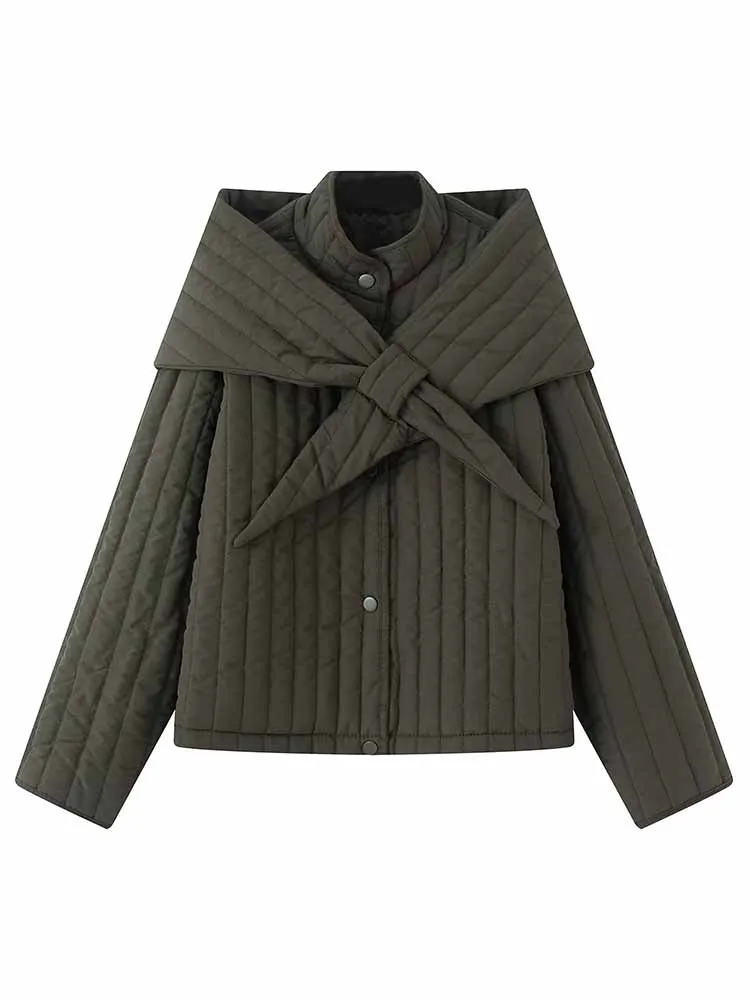 HH Female Fashion Casual Winter Solid Color Long Sleeves Stand Collar Removable Scarf Decoration Cotton Jacket Commuting Warm