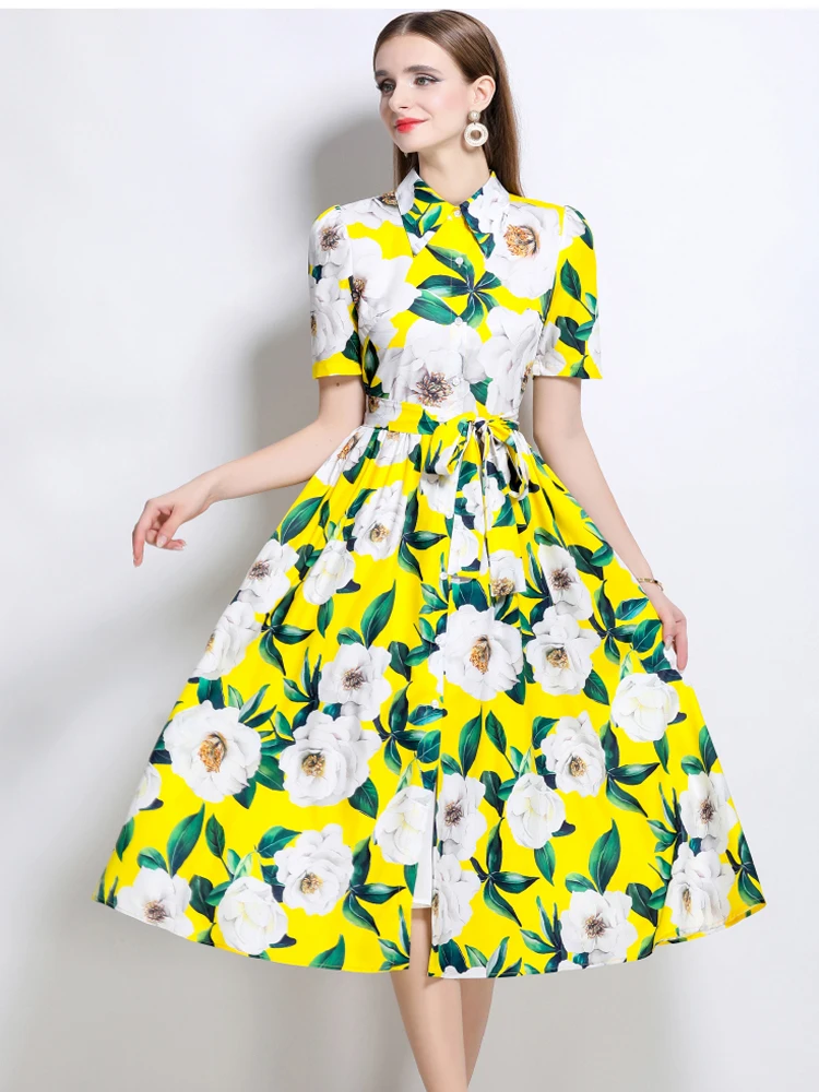 Fashion Casual Bloemenprint Shirt Jurk Voor Vrouwen Zomer Revers Korte Mouw Vrouwelijke Elegante Boog Riem Vakantie Feestjurk Vestidos