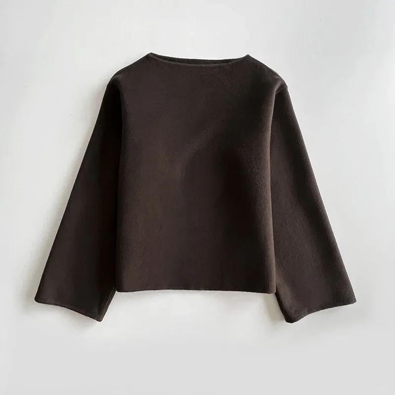 Nordic Niche Double-faced Wool One-shoulder Collar Wide Sleeve Straight Wool Fashionable Long-sleeved Thick Top