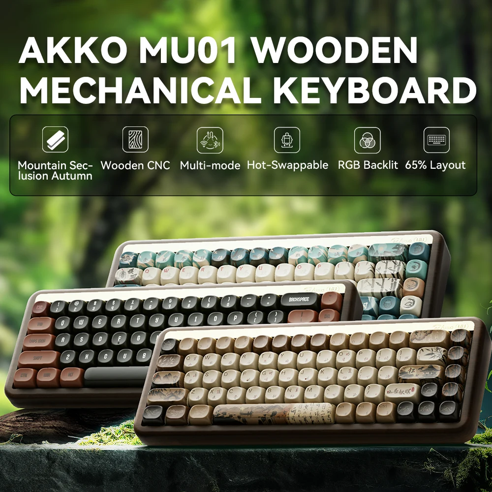 Akko MU01 Mountain Seclusion Wooden Mechanical Keyboard RGB Hot-swappable BT 5.0/2.4G Wireless & Type-C Wired Gaming Keyboard