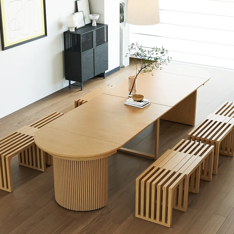 Log color wind retractable rectangular dining table 3m home size apartment 10 people multi-functional round dining table