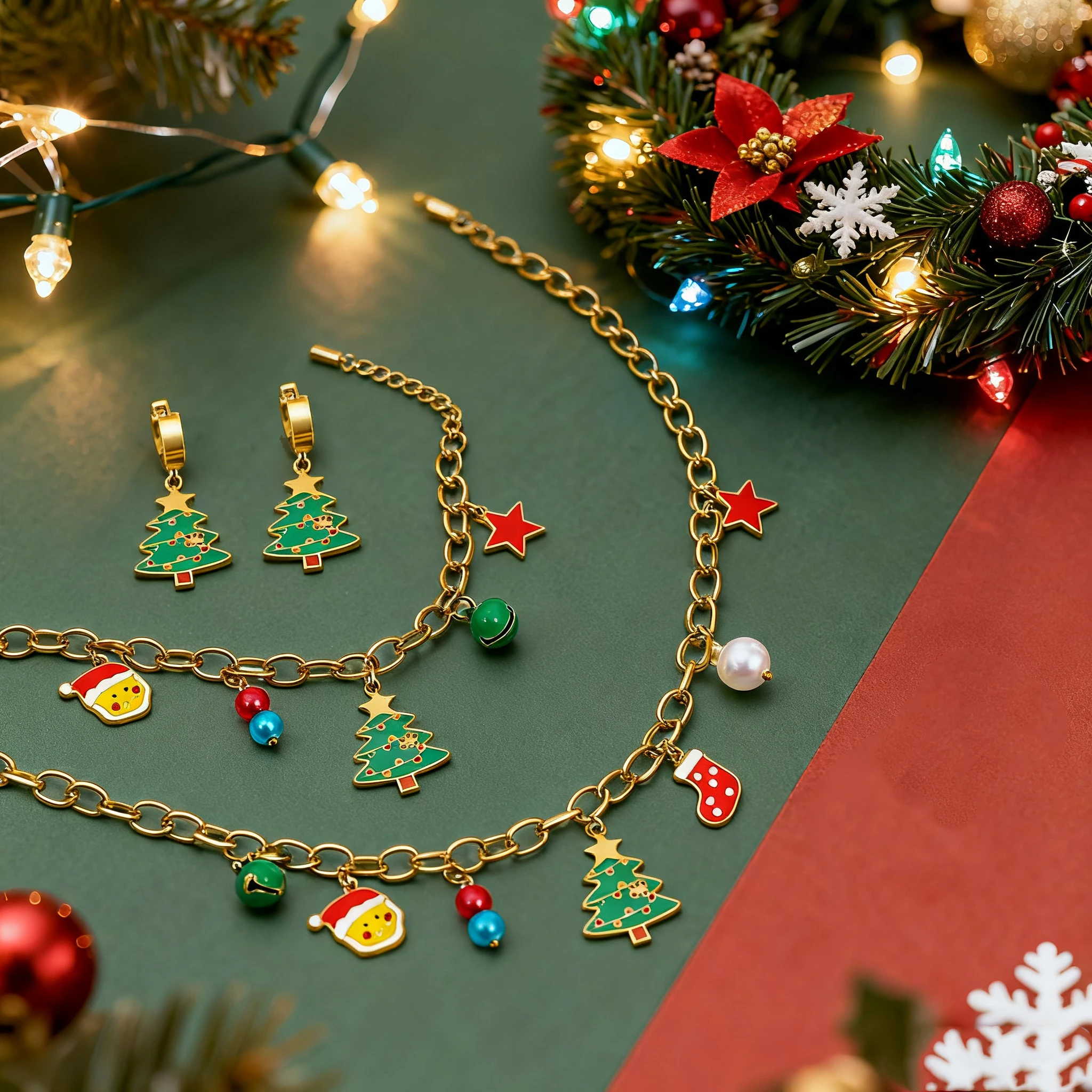 

DODOHAO New Christmas Tree Santa Claus Bell Pendant Necklace Bracelet Earrings Women Stainless Steel Christmas Jewelry Set Gift