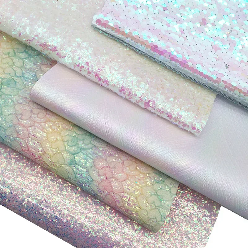 Rainbow Lace Glitter  Sheets Iridescent Faux  Sequins Faux  Pastel Pink  Fabric For DIY 21x29CM Y444