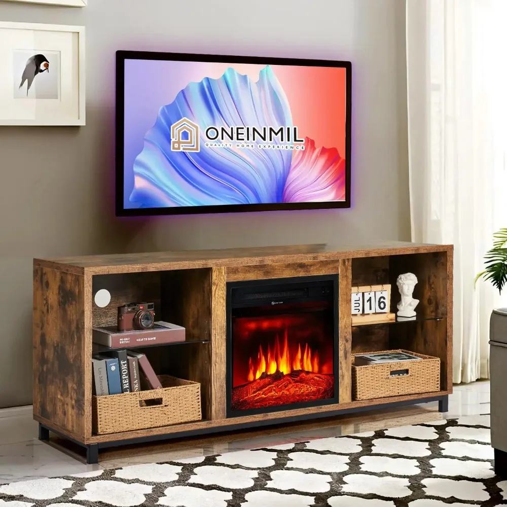 Electric Fireplace TV Stand w/ Adjustable Glass Shelves, 3D Fireplace Wood Storage Cabinet Table for TV up to 65