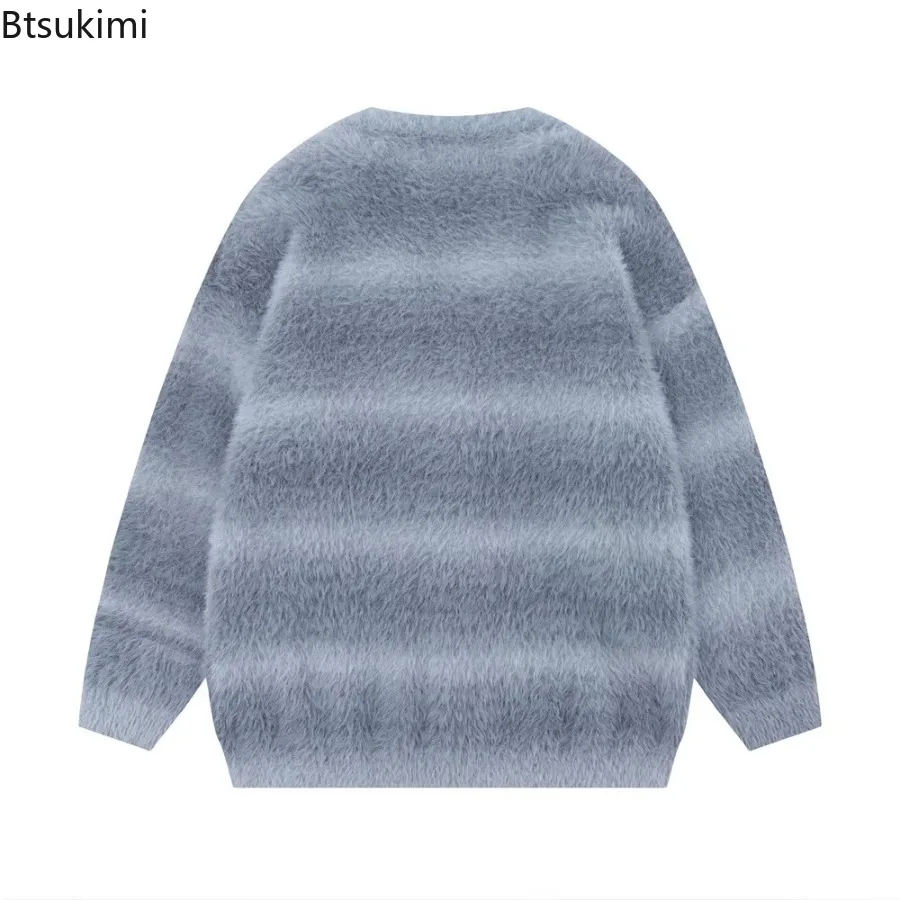 Men's Yellow Striped Thickened Knitted Cardigan Autumn and Winter Thickened Fleece Warm Loose Long-sleeved V-neck Sweater Jacket