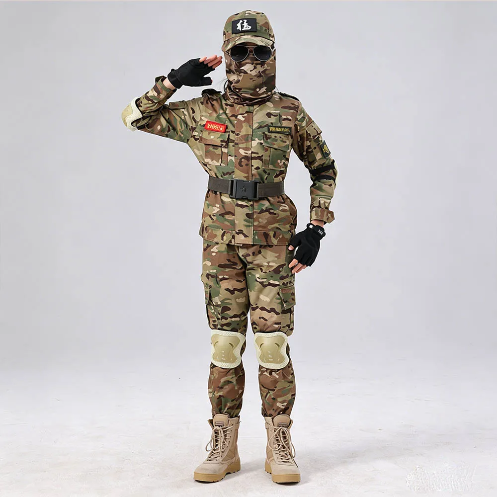 Kids Military Camouflage Uniform Suit Boys Girls Combat Jacket Pants Set Durable Breathable Outdoor Training Cosplay Costume